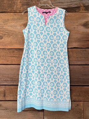 Barbara Erickson Sleeveless sheath dress, Baby blue with white design, Med